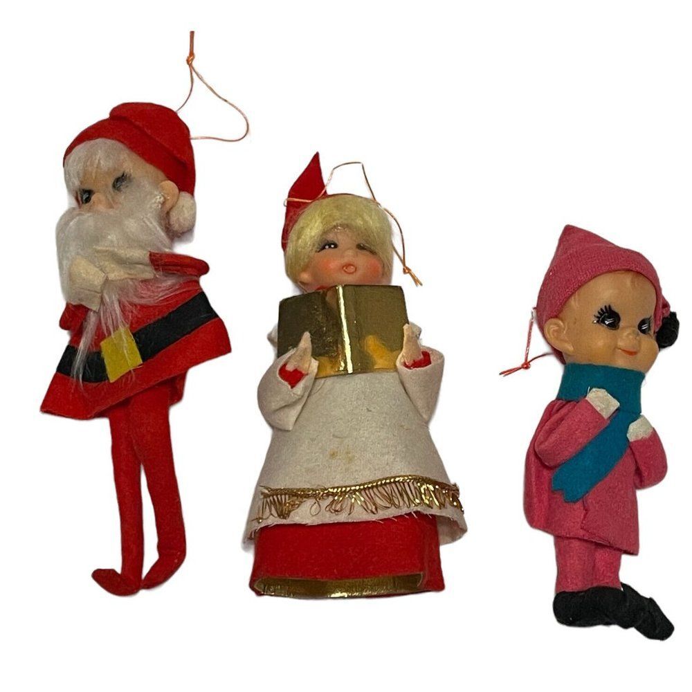 3- VINTAGE CHRISTMAS Ornaments PIXIE ELF KNEE HUGGERS Choir Rubber Face Japan